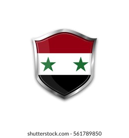 The national flag of Syria. Metal shield with reflections on a white background.