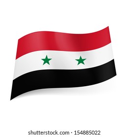 National flag of Syria: red, white and black horizontal stripes with two green stars on central band.  