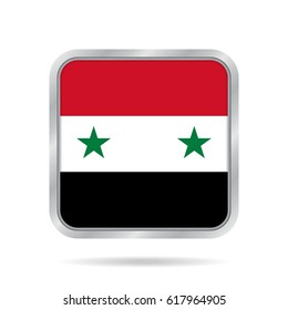 National flag of Syria. Shiny metallic gray square button with shadow.