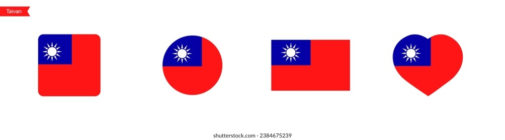 National flag of Taiwan. Taiwan flag icons in the shape of square, circle, heart. Isolated flags for language selection. Vector icons