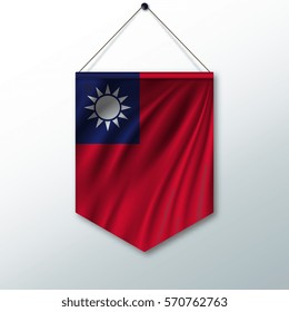 The national flag of Taiwan. The symbol of the state in the pennant hanging on the rope. Realistic vector illustration.