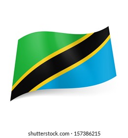 National flag of Tanzania: diagonal yellow outlined black stripe dividing field into green and blue triangles. 