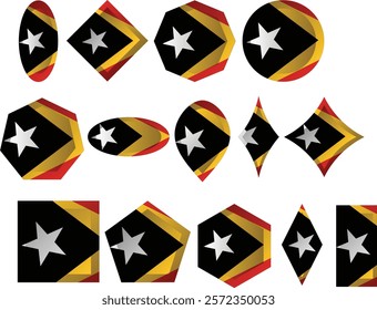 The national flag of Timor-Leste field with the black isosceles triangle based on the hoist-side bearing a white five-pointed star in the center superimposed on the larger yellow triangle.