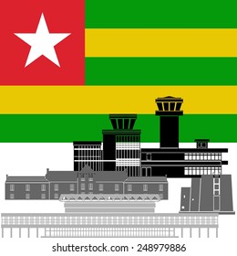 The national flag of the Togo and architectural landmarks of the country. Illustration on white background.