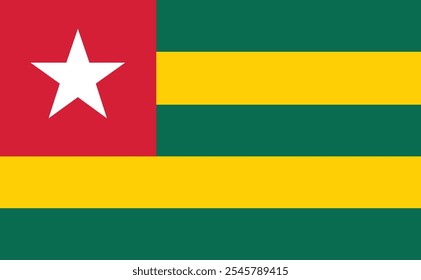 The national flag of Togo consists of five horizontal stripes, alternating between green and yellow, with a red square bearing a five-pointed white star in the canton