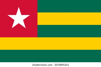 National Flag Togolese Republic, Togo, Five equal horizontal bands of green alternating with yellow; with a red canton bearing a white five-pointed star