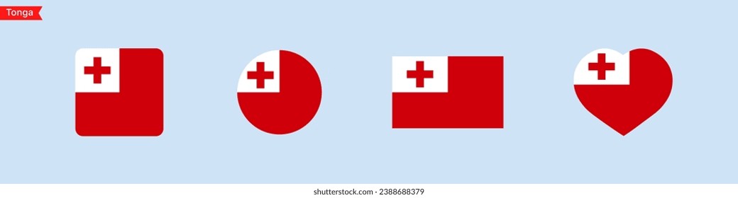National flag of Tonga icons. Tonga flag in the shape of a square, circle, heart. Website language choice symbols. Vector UI flag design
