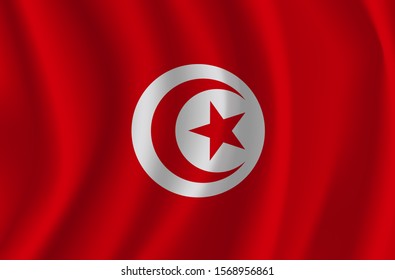 The national flag of Tunisia. The symbol of the state on wavy cotton fabric. Realistic vector illustration. Tunisia flag background with cloth texture. EPS10