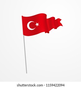 The national flag of Turkey on a pole. The wavy fabric. Realistic vector.