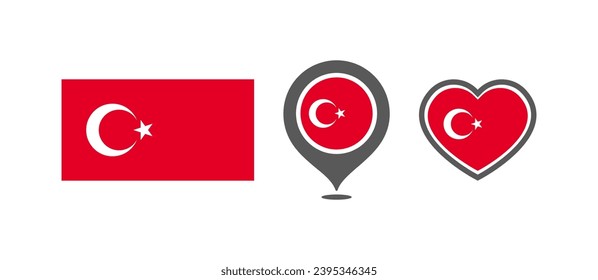 National flag of the Turkey. Flag in the shape of rectangles, location marks, hearts. Turkey national flag for language selection design. Vector icons