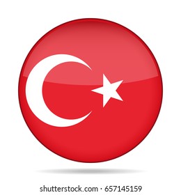 National flag of Turkey. Shiny round button with shadow.