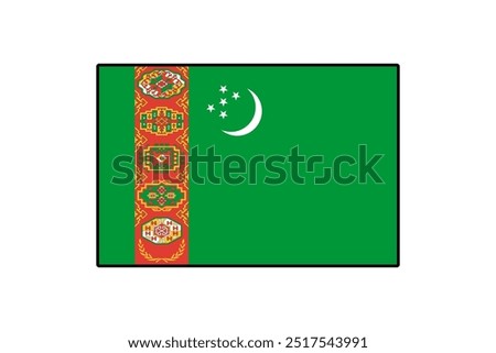 The national flag of Turkmenistan features a vibrant green field with a red vertical stripe adorned with intricate carpet patterns and a crescent moon alongside five stars, symbolizing the nation.
