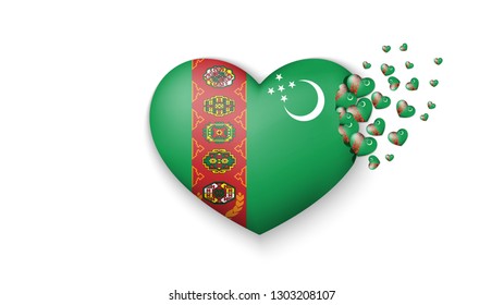 National flag of Turkmenistan in heart illustration. With love to Turkmenistan country. The national flag of Turkmenistan fly out small hearts on white background