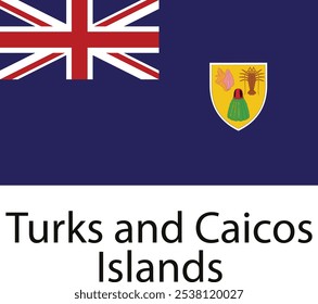 A bandeira nacional das Ilhas Turks e Caicos, com a Union Jack e um escudo com uma concha, lagosta e uma fonte verde.