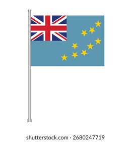La bandera nacional de Tuvalu, con la Union Jack y las estrellas, ondea con orgullo sobre un asta de la bandera sobre un fondo blanco.