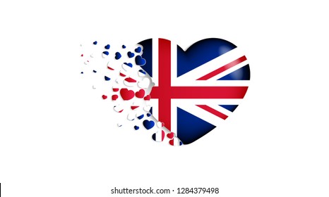 National flag of UK in heart illustration. With love to UK country. The national flag of UK fly out small hearts