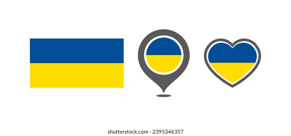 National flag of the Ukraine. Flag in the shape of rectangles, location marks, hearts. Ukraine national flag for language selection design. Vector icons