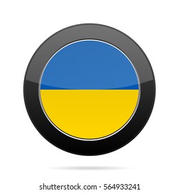 National flag of Ukraine. Shiny black round button with shadow.