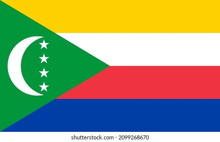 National Flag Union of the Comoros, Four horizontal stripes of yellow, white, red and blue,  with a green chevron based on the hoist side charged with a white crescent and four five-pointed stars
