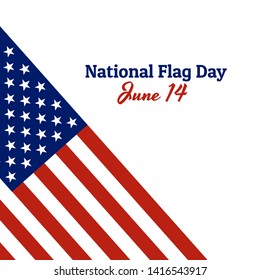 National flag of The United States of America with red stripes and white stars and inscription: National Flag Day, June 14 in modern style with patriotic colors. Vector EPS10 illustration