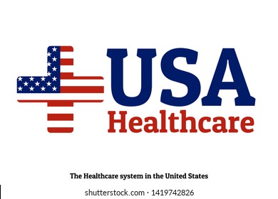 National flag of The United States of America in the shape of a medical cross and Inscription USA healthcare. Care of health and medicine concept. For logo, banner, background