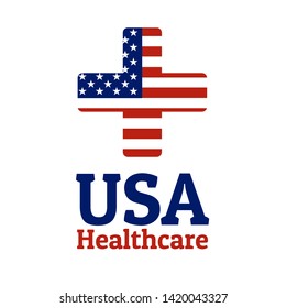 National flag of The United States of America in the shape of a medical cross and Inscription USA healthcare. Care of health and medicine concept. For logo, banner, background