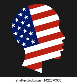 National flag of United States of America in form of African-American boy head silhouette. Freedom, patriotism and equality concept. Vector EPS10 illustration