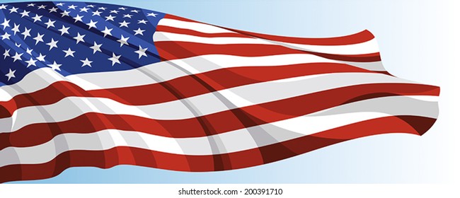 The national flag of the United States of America on a background of blue sky