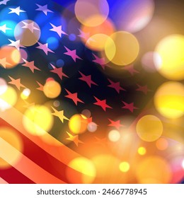 National flag of the United States of America. Bokeh lights. Template for celebrate banners and invitations graphic design on American culture theme. Vector illustration.