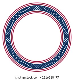 National flag of United States motif, circle frame. Circular border made of stars and stripes pattern, based on the American flag. White five pointed stars on blue ground with red and white stripes.