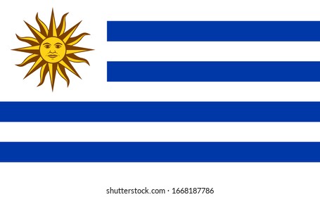 The national flag of Uruguay. Nine white and blue horizontal stripes and the Sun of May, from which 16 rays extend.