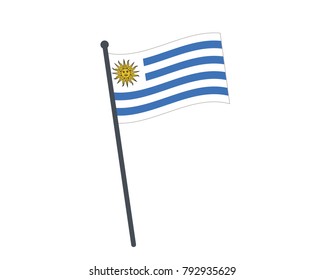 The national flag of Uruguay on a pole. The waving flag. The sign and symbol of the country. Realistic vector on white.