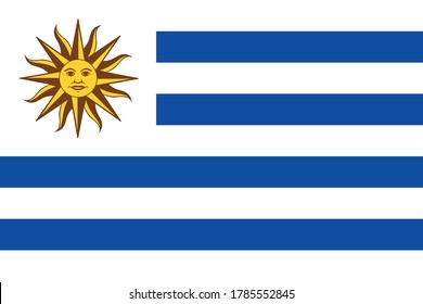 Nationale Flagge von Uruguay mit Sonne von Mai. Länderflagge mit dem nationalen Emblem Sol de Mayo auf weißem Kanton und weißen und blauen horizontalen Streifen.  Genaue Abmessungen, Elemente und Farben.