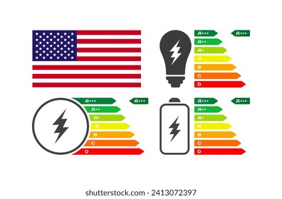 National flag of USA and charge. Flat, color, letter battery rating. National flag of USA. Vector icons