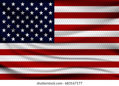 National flag of USA on wavy fabric with a volumetric pattern of hexagons. Vector illustration.