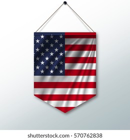 The national flag of USA. The symbol of the state in the pennant hanging on the rope. Realistic vector illustration.