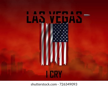 The national flag of the USA  torn in the wind against background of the red bloody sky and the silhouette of the city. Banner dedicated to the tragedy in the city Las Vegas. Vector illustration.