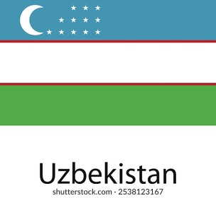 A bandeira nacional do Uzbequistão, com um campo azul com uma lua crescente branca e doze estrelas brancas, uma faixa branca, uma faixa vermelha e uma faixa verde.