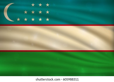 The national flag of Uzbekistan on wavy silk background with bokeh lights. Realistic vector illustration.