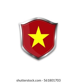 The national flag of Vietnam. Metal shield with reflections on a white background.