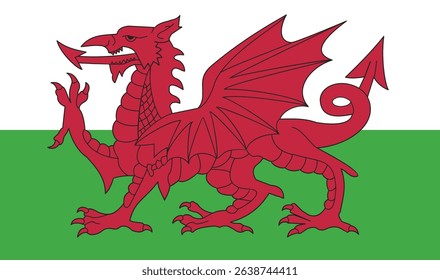 National flag of Wales, part of the United Kingdom in Europe. Red dragon on a green and white background, symbolizing strength.