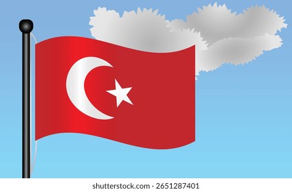 Türkiye national flag waving against a bright blue sky. representing national pride, unity, and heritage in Middle East with its vibrant colors and iconic design. Patriotic symbol of identity or pride