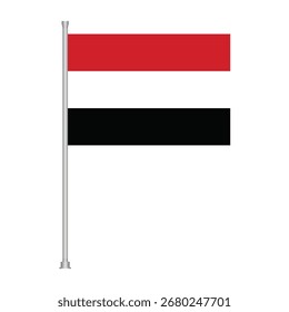 Die Nationalflagge des Jemen, mit horizontalen Streifen in Rot, Weiß und Schwarz, auf einem Fahnenmast auf weißem Hintergrund.