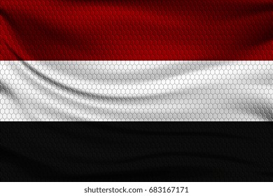 National flag of Yemen on wavy fabric with a volumetric pattern of hexagons. Vector illustration.