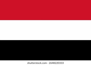 A bandeira nacional do Iêmen com três faixas horizontais de vermelho, branco e preto. Cores e proporção padrão oficiais. Ideal para materiais educacionais, projetos diplomáticos e uso de design internacional.