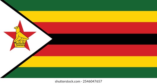 La bandera nacional de Zimbabue consta de siete franjas Horizontales de verde, oro, rojo y negro con un triángulo blanco que contiene una estrella roja de cinco puntas con un ave de Zimbabue