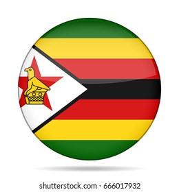 National flag of Zimbabwe. Shiny round button with shadow.