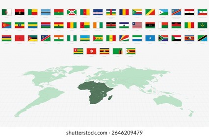 Bandeiras nacionais dos países africanos, conjunto de bandeiras dos correios. Bandeiras Africanas com Mapa do Mundo. Ilustração de vetor.
