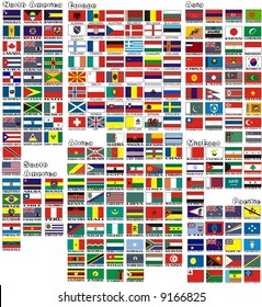 las banderas nacionales de todos los países del mundo separadas por continentes y reducidas por orden alfabético