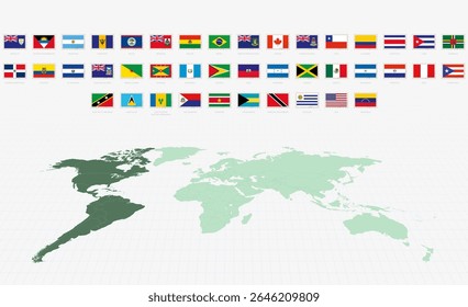 Bandeiras nacionais dos países americanos, conjunto de bandeiras dos correios. Bandeiras Americanas com Mapa Mundial. Ilustração de vetor.